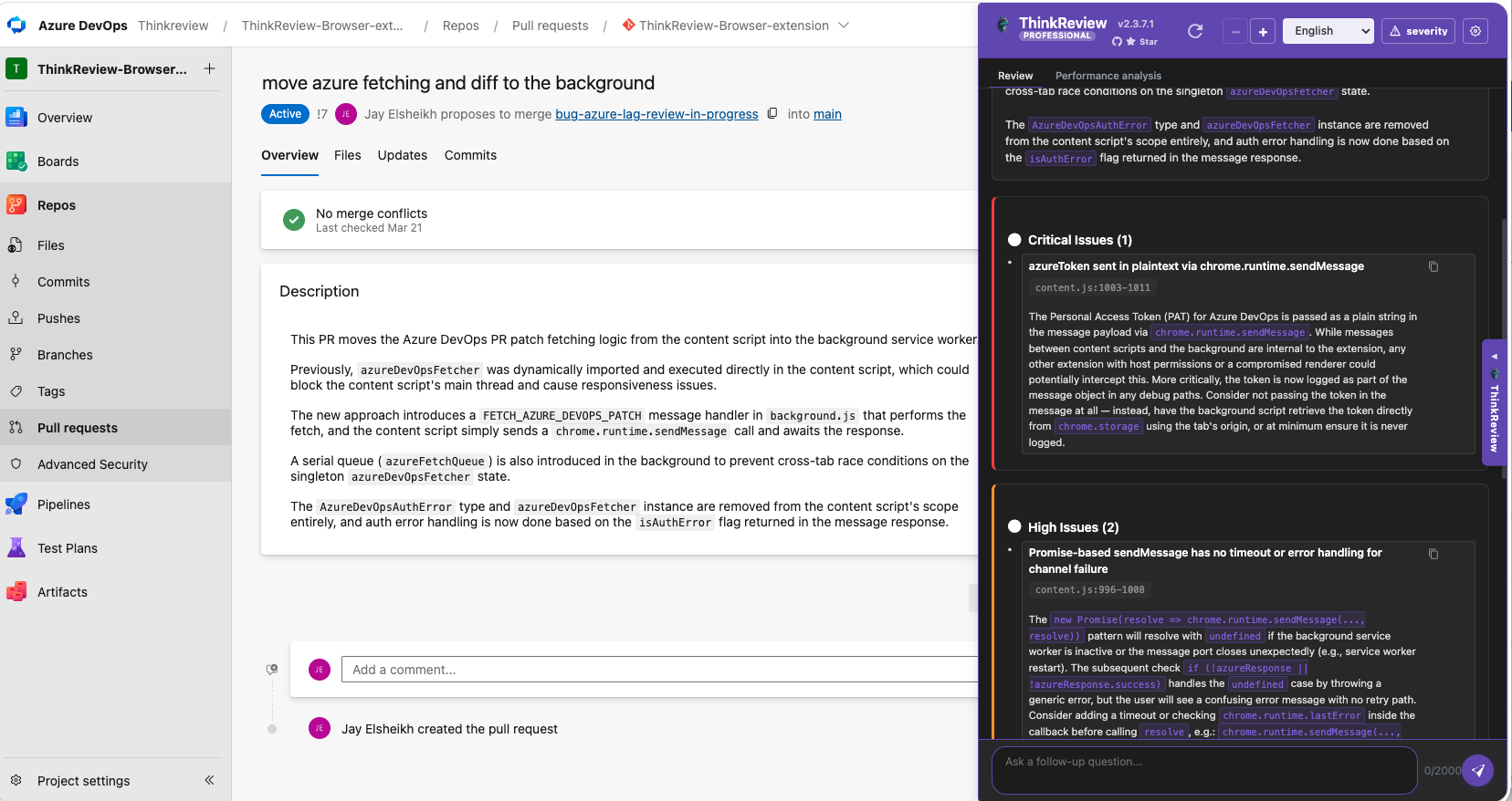 ThinkReview severity layout on an Azure DevOps pull request — Critical and High findings