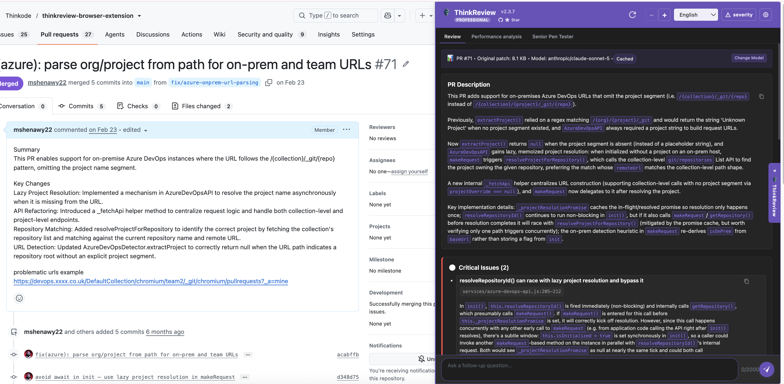 ThinkReview severity layout on a GitHub pull request