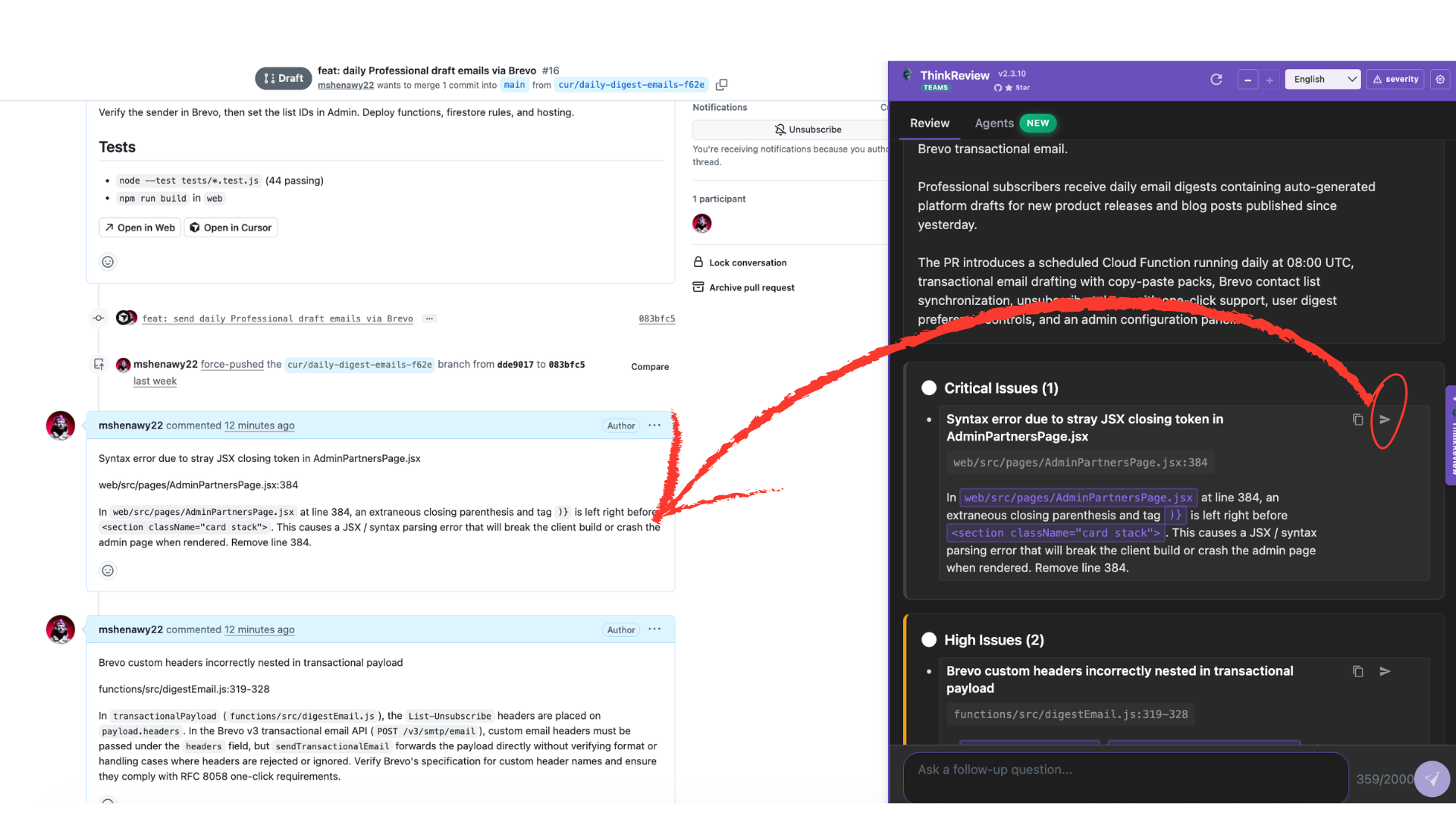 ThinkReview finding on the right posted as a GitHub conversation comment on the left