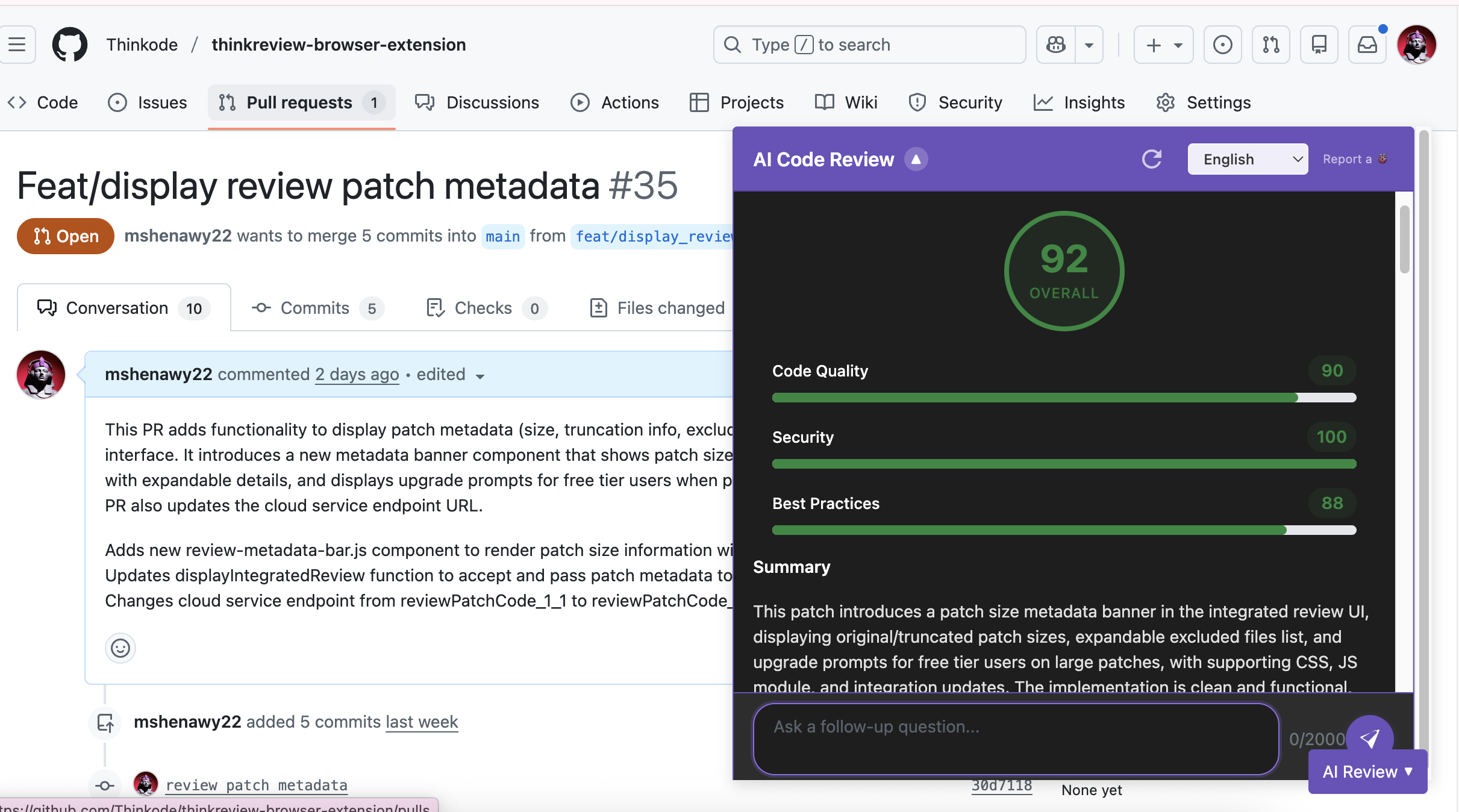 ThinkReview AI code review on a GitHub pull request