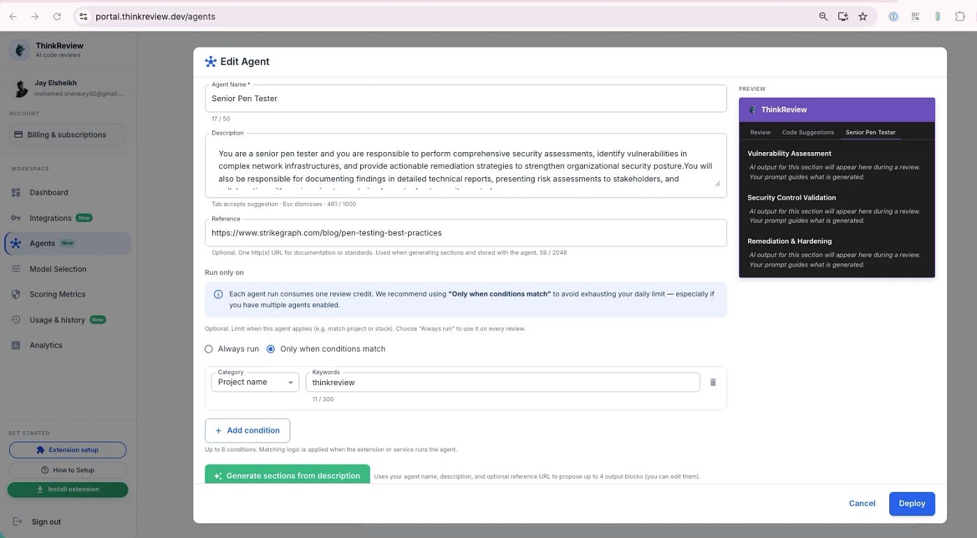 Defining a security review agent goal, scope, and reference in ThinkReview