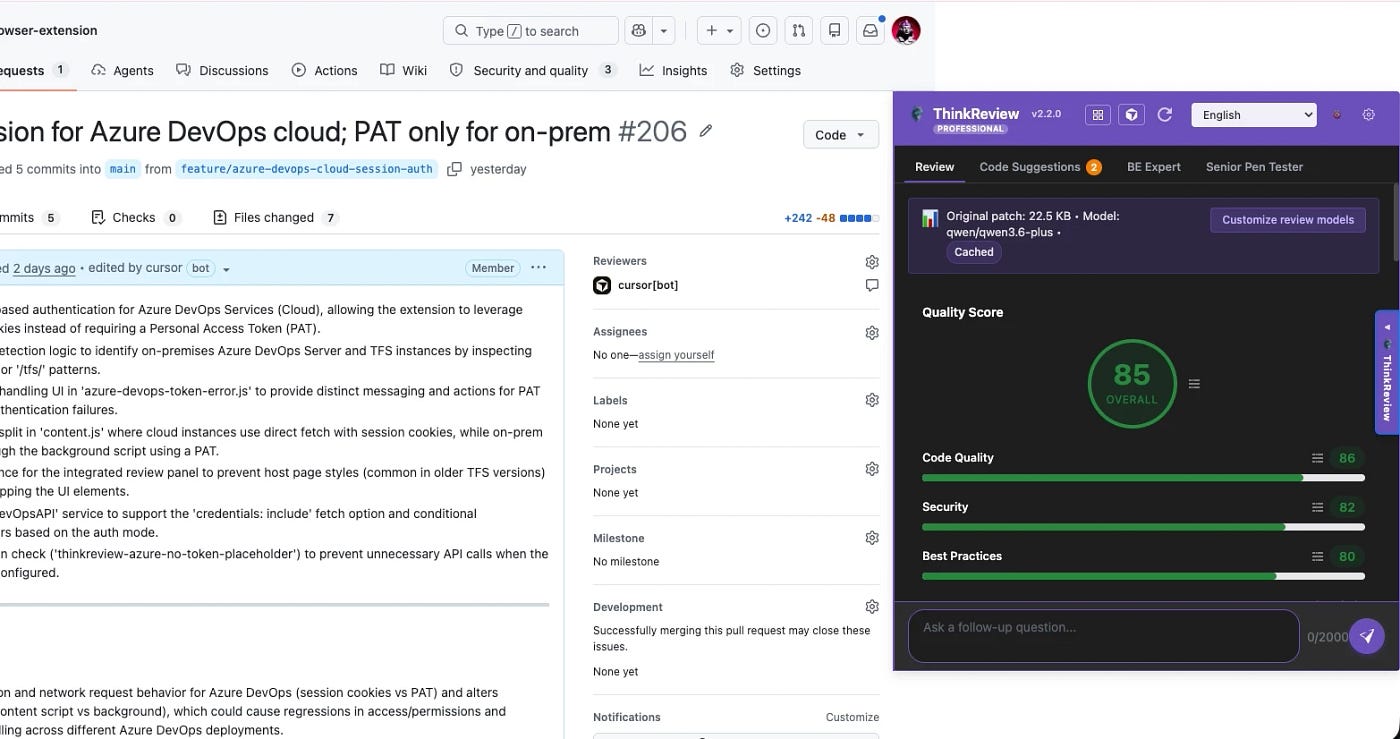 ThinkReview security review agents on a pull request with custom checklist and references