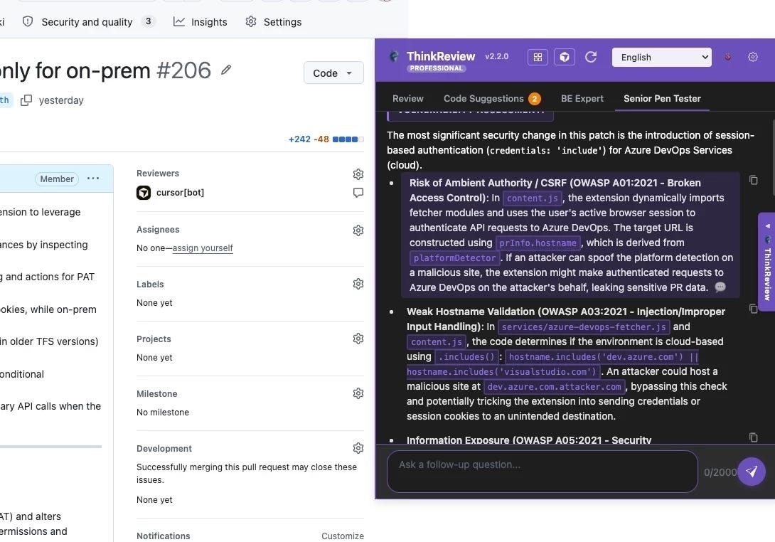 OWASP-oriented findings from a pentesting-focused agent on a PR