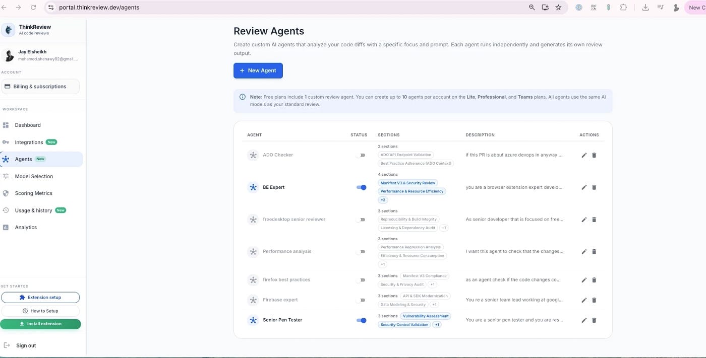 Review agents list showing you can create multiple specialized agents