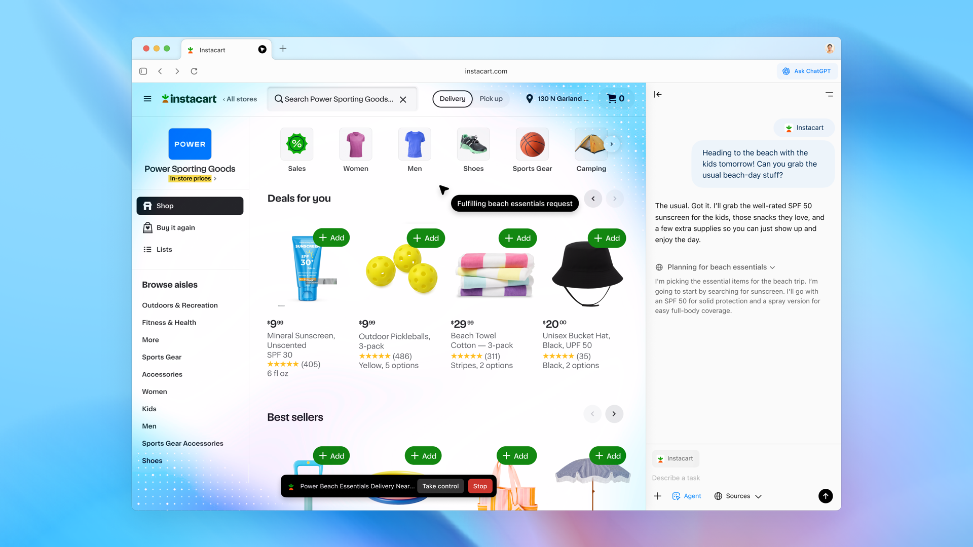 Agent mode in Atlas, shopping Instacart from the Ask ChatGPT sidebar