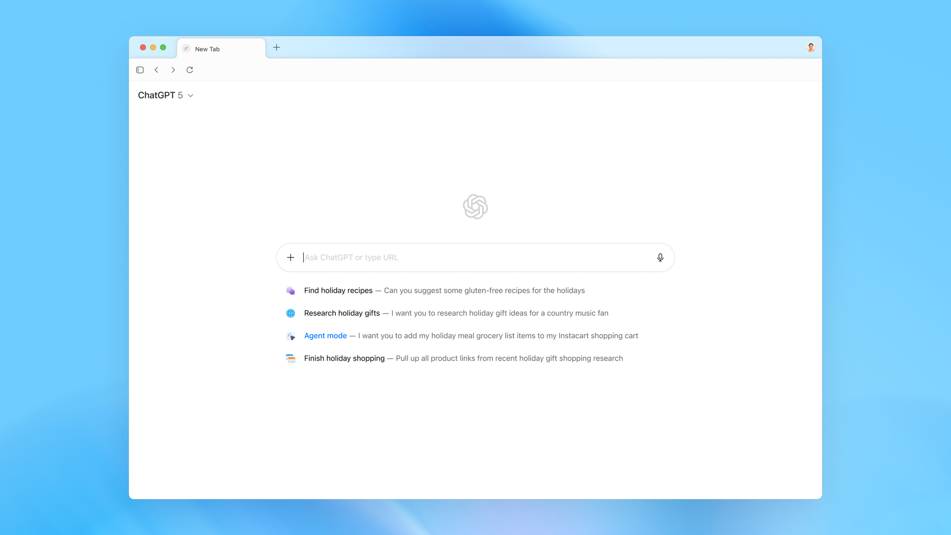 Atlas's new tab: Ask ChatGPT or type a URL, with Agent mode in the suggestions