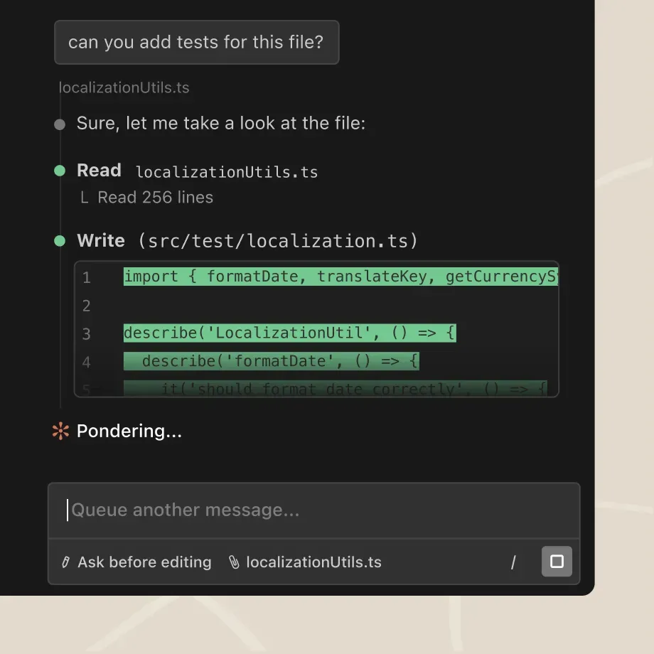 Claude Code reading a file and writing tests in a few seconds
