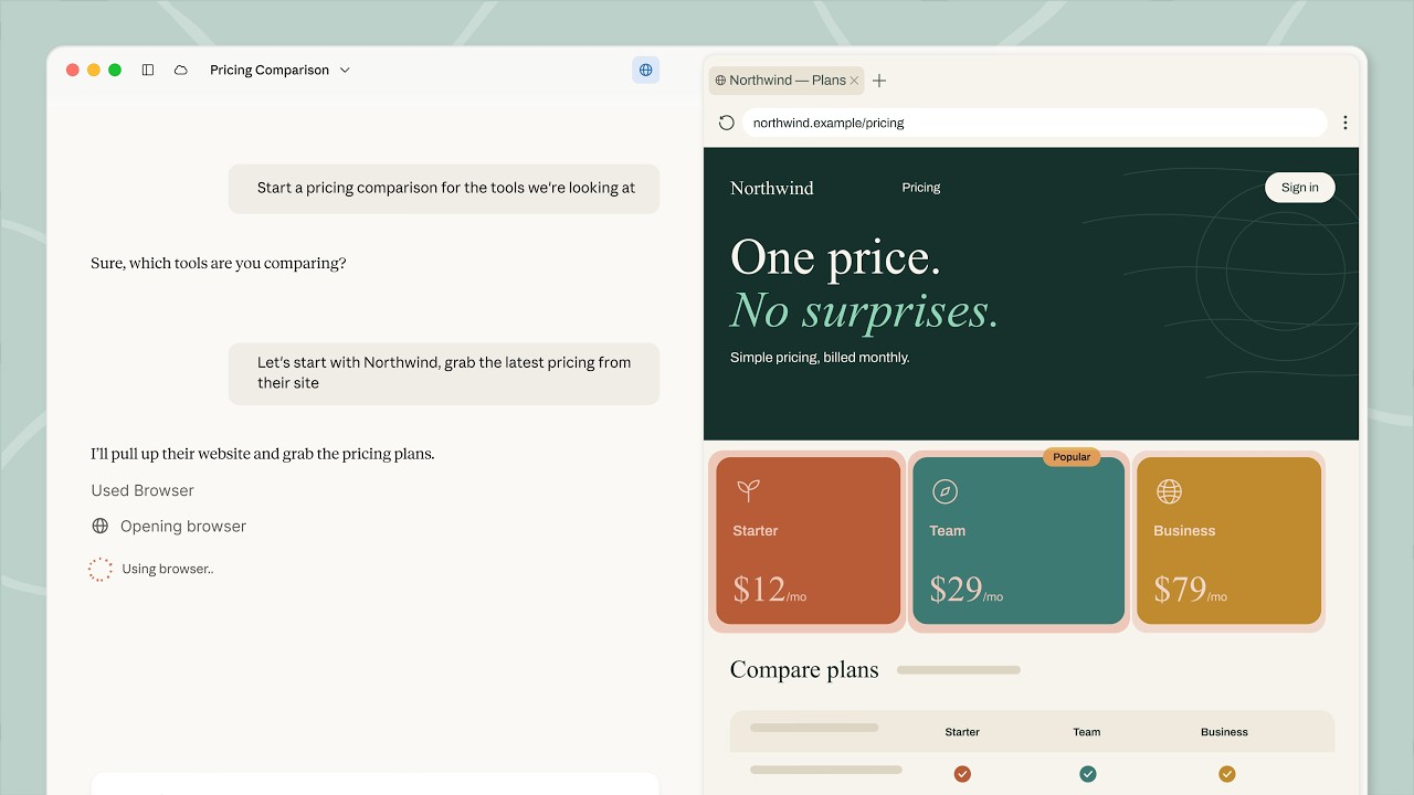 Claude's built-in browser, in the side panel, pulling a pricing page during a Cowork task