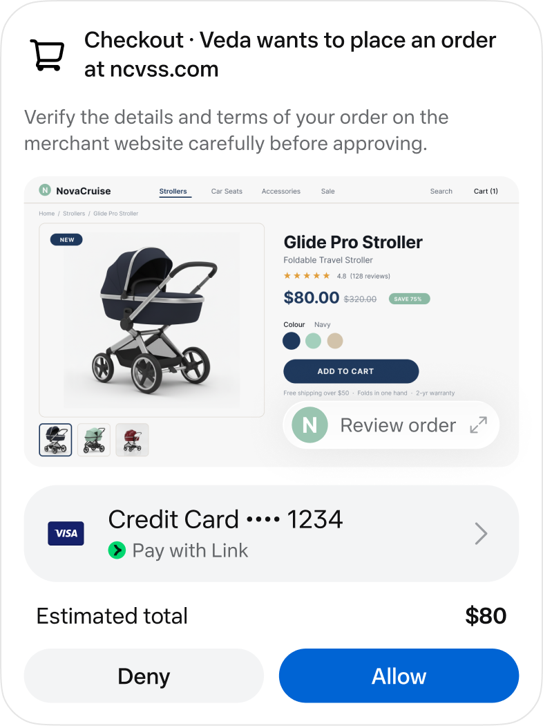 A Muse checkout approval: the order, a one-time Link card, and an explicit Allow