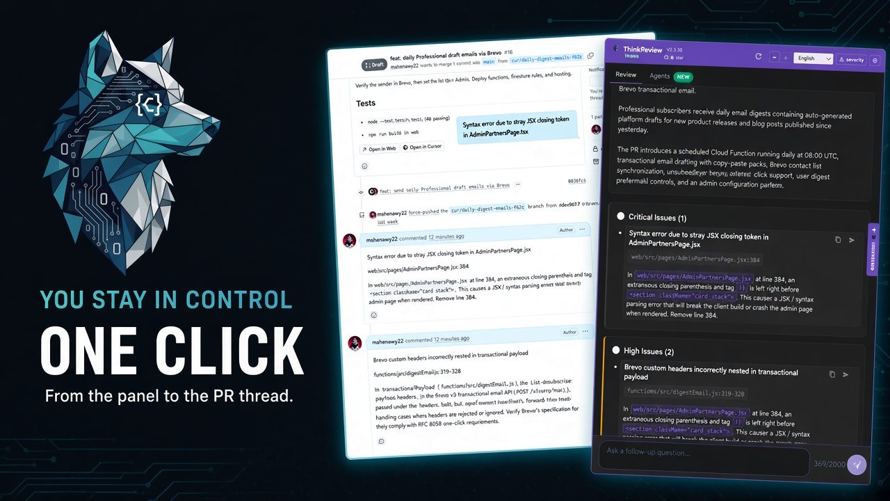 One click from ThinkReview to the pull request — you still decide