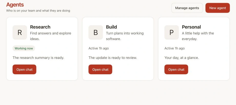 OpenClaw's agent roster in the docs: research, build, and personal, each with its own chat