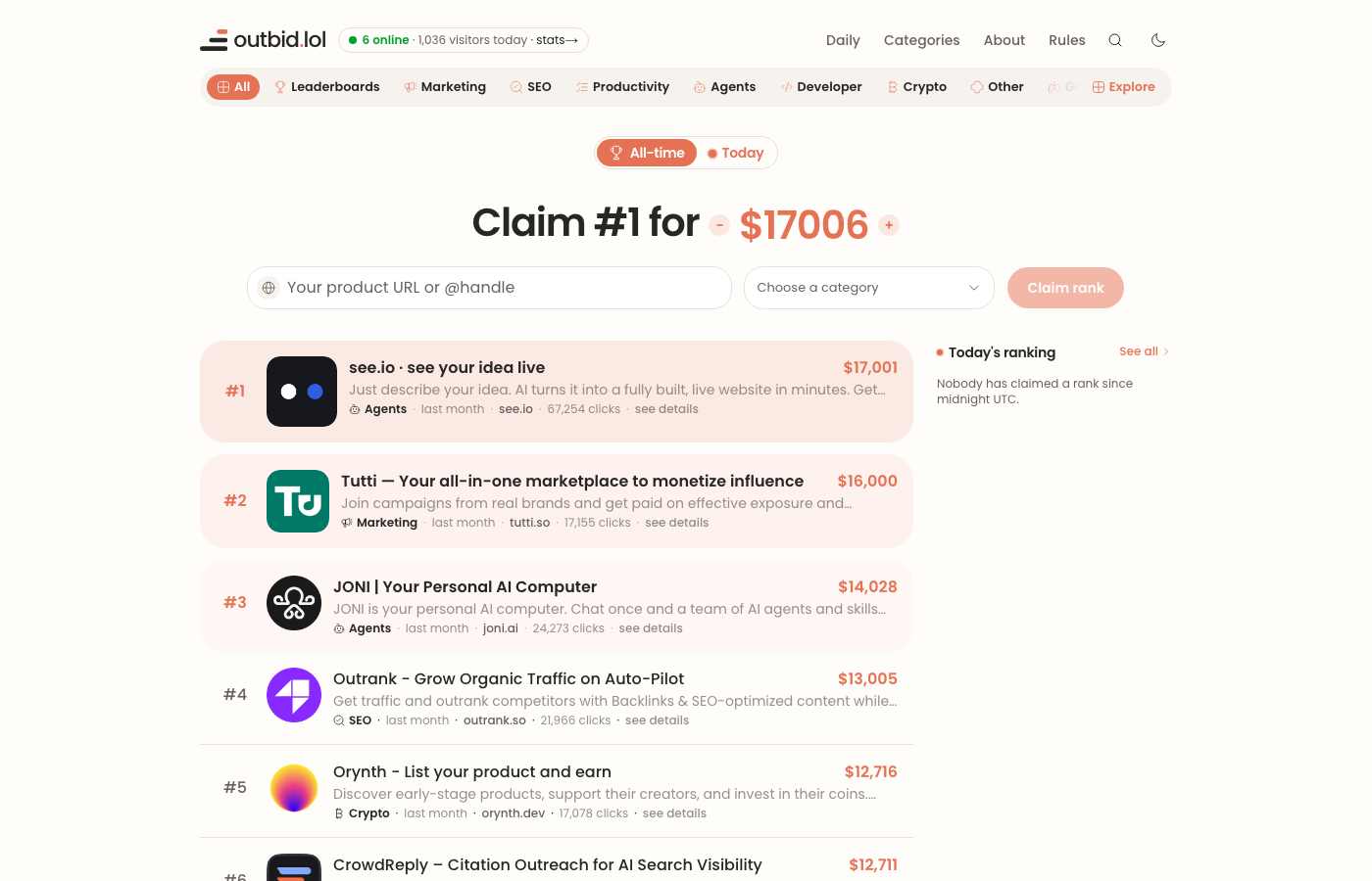 outbid.lol, a public board where the price is the rank