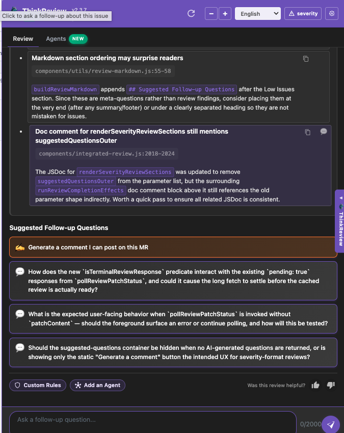 ThinkReview review panel with findings and suggested follow-up questions