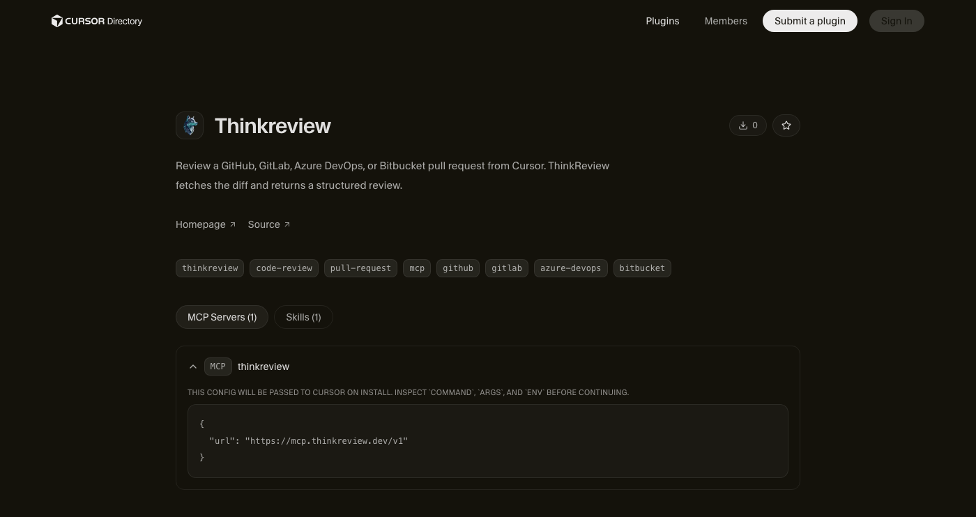 ThinkReview on the Cursor Directory, with the thinkreview MCP server set to https://mcp.thinkreview.dev/v1
