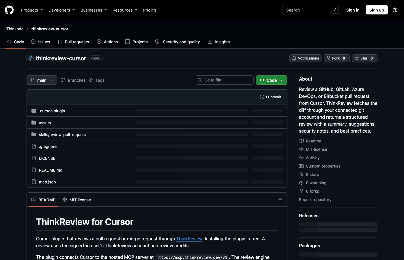 The thinkreview-cursor repository: plugin manifest, logo, the review-pull-request skill, and mcp.json