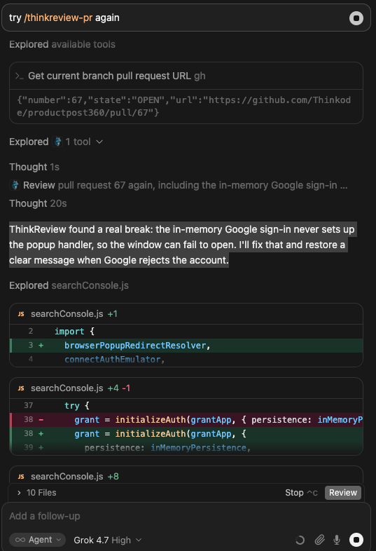 Cursor running /thinkreview-pr on PR 67, ThinkReview flagging that the in-memory Google sign-in never sets up the popup handler, and the agent patching searchConsole.js