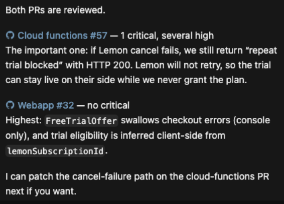 Review summary: critical payment-cancel bug on cloud functions, high-severity trial checks on the webapp