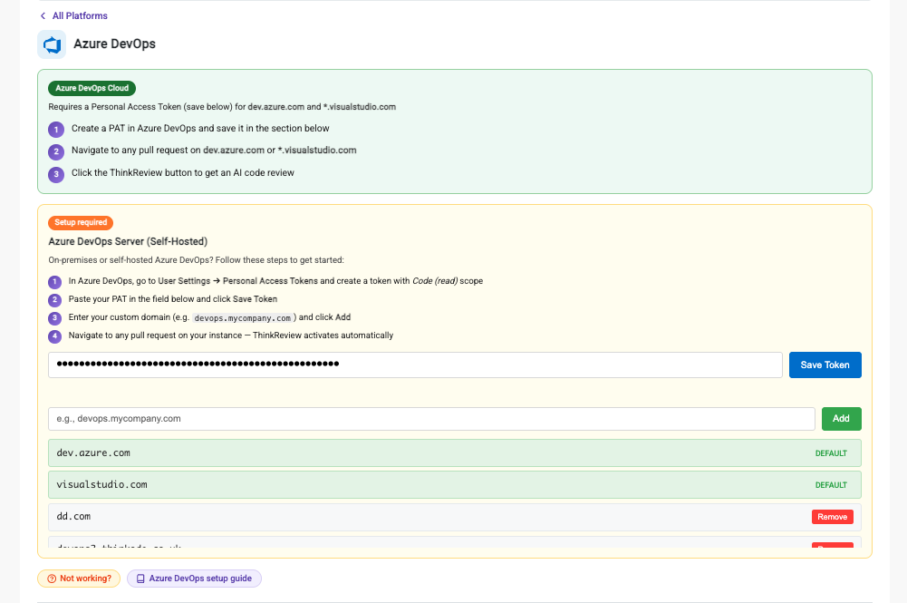Azure DevOps extension configuration — save a PAT and add a custom domain