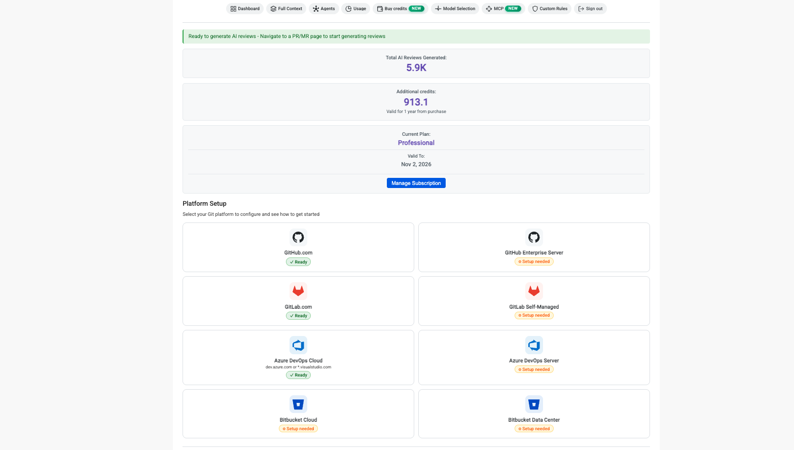 ThinkReview extension Platform Setup — choose Bitbucket Cloud or Data Center