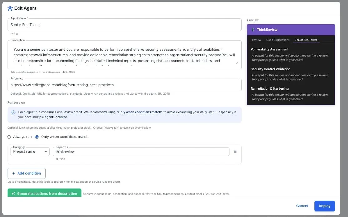 The Edit Agent dialog in the ThinkReview portal with a name, description, reference URL, run conditions and a preview of the agent's output sections