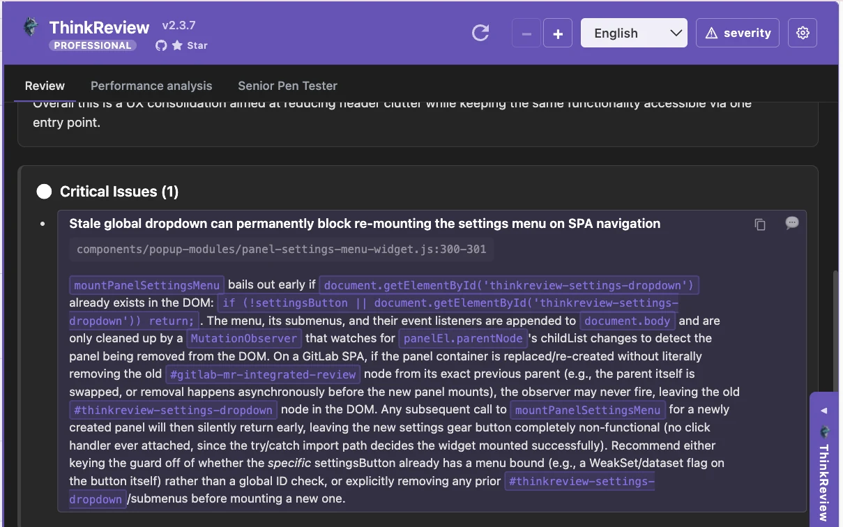 The ThinkReview panel with Review, Performance analysis and Senior Pen Tester tabs, and a critical issue listed