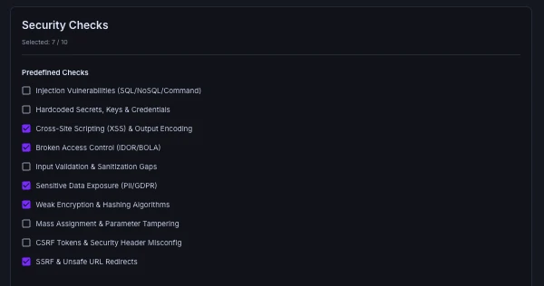 The Custom Rules page in the ThinkReview portal with security checks selected, such as cross-site scripting and sensitive data exposure