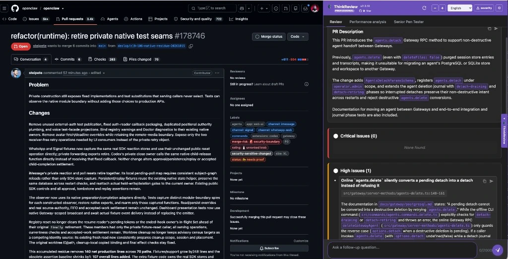 A dark-theme GitHub pull request with the ThinkReview panel docked on the right, showing the PR description and a high-severity issue