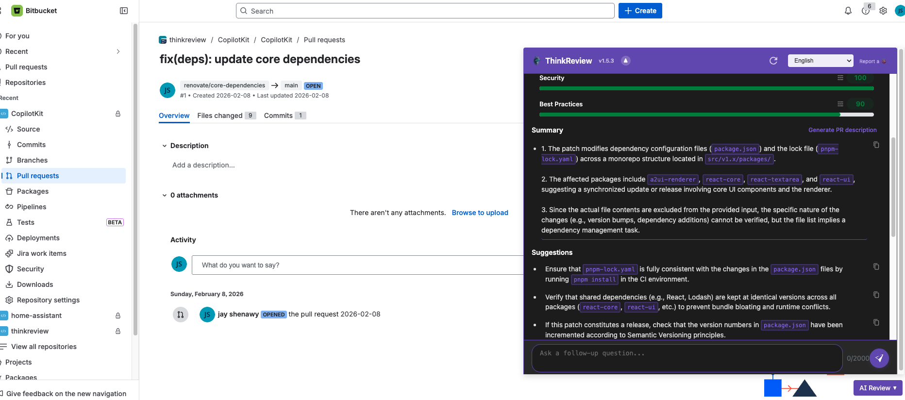 ThinkReview on Bitbucket Data Center pull requests