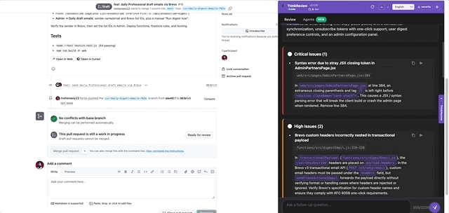 Posting a finding from the ThinkReview panel onto the pull request conversation