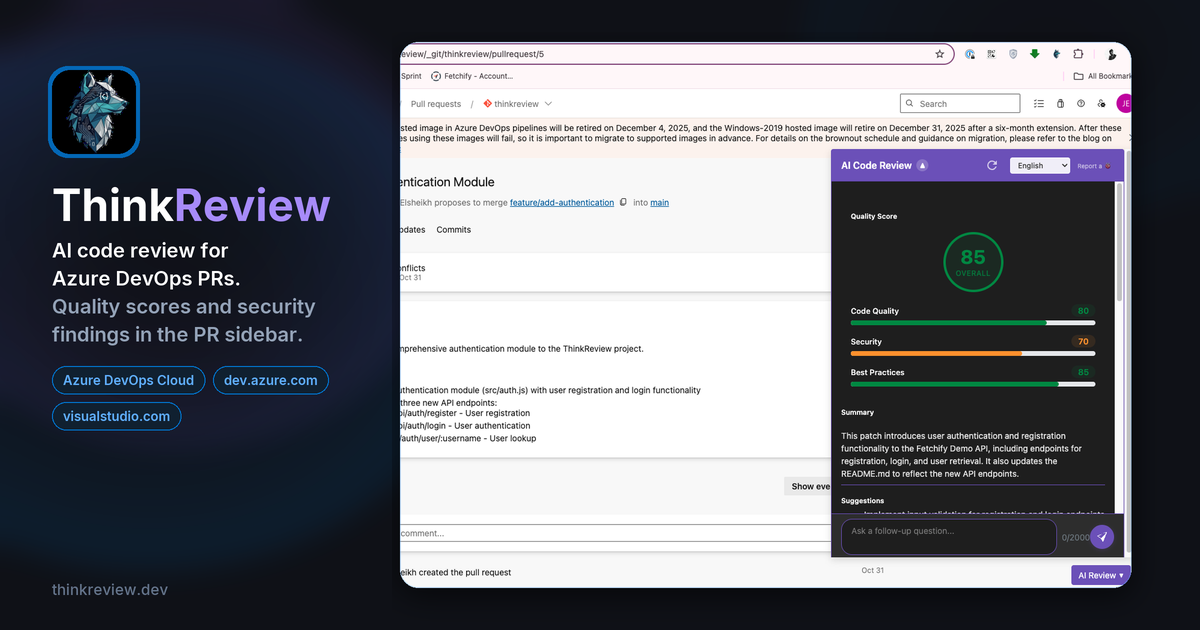 ThinkReview AI code review in an Azure DevOps pull request sidebar