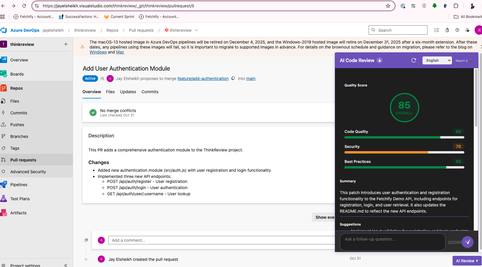 ThinkReview scoring panel on an Azure DevOps pull request